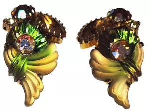 Pendientes de estrás verdes vintage firmados EDLEE Cornucopia vidrio artístico moldeado años 50 - Imagen 1 de 10