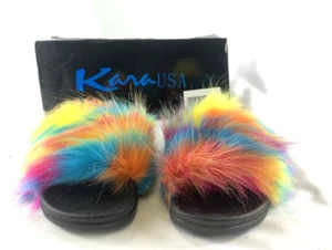 Kara USA Size 8 Rainbow Furry Slides Sandal's Style #K005-07  NEW BOX - Picture 1 of 11