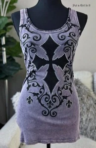 Neu USA VOCAL Damen-Tanktop CRYSTAL LAVENDEL LILA GEFÄRBT PEITSCHENSTICH KREUZ S M - Bild 1 von 4