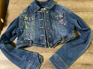 Justice says 14 80’s style splatter Neon paint jeans denim crop jacket 10 12 ? - Picture 1 of 8