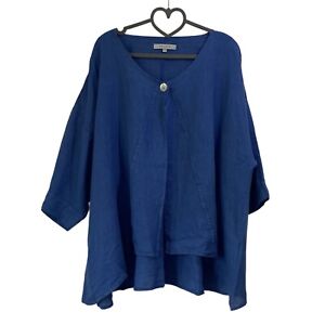 Chesca Cape Womens Size 3 Blue Linen Cropped Sleeve Jacket Lagenlook UK 18 20 XL