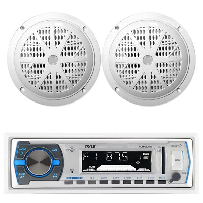 Pyle Marine AM FM USB SD Aux Input Stereo Bluetooth Receiver +Pair 6.5" Speakers - Image 1 of 3