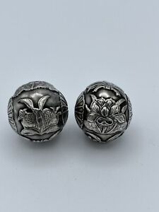 Antique Chinese Silver Lotus & Pomegranate Repousse Bead 1" Diameter