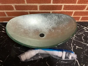 New Bathroom Oval Tempered Glass Vessel Sink Bowl Faucet Pop Up Drain Basin Set - Picture 1 of 4