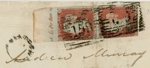 GB QV PENNY RED IMPERFS INSCRIPTION PAIR on COVER +GLASGOW LATE FEE THIMBLE 1851 - Picture 1 of 4