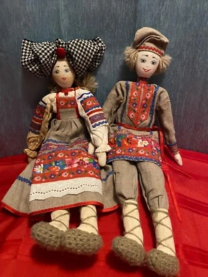 Coppia di bambole russe vintage in stoffa 20” bambole fatte a mano arte popolare - Immagine 1 di 4