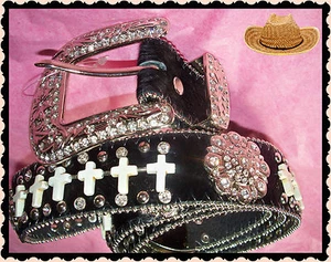 XS S M L XL LEATHER Black HAIR Rossette Cross WESTERN CowBOY GIRL BUCKLE Belt - Picture 1 of 4