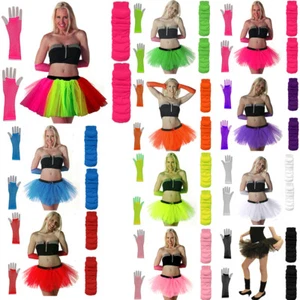 NEW NEON TUTU SKIRT FANCY DRESS SET 3PC LEGWARMERS FISHNET GLOVES 80'S HEN PARTY - Picture 1 of 44