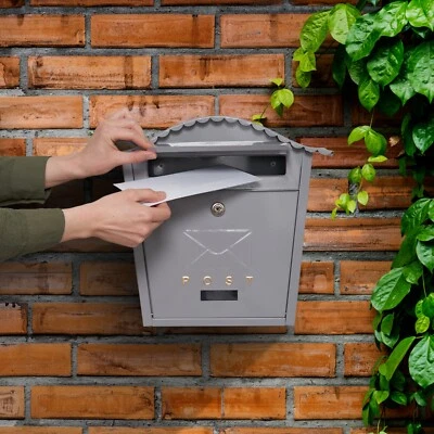 Post Box Grey Wall Mounted with Lock Large Letter Mailbox Outdoor Letterbox - Image 1 of 4