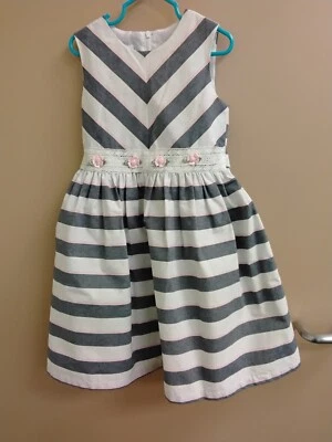 Novo Vestido Listrado Bonnie Jean Meninas Azul e Branco Tamanho 6 / Rosa Rosebuds Forrado - Imagem 1 de 2