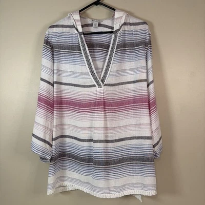 TOMMY BAHAMA Women’s LG Rainfall Stripe Baja Linen Hooded Pullover Boho Beachy - Imagem 1 de 4