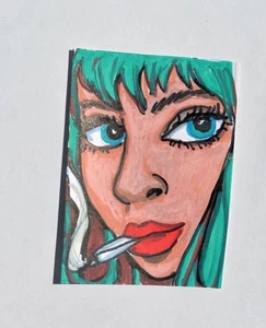 ACEO Original Art Smoking 420 Girl 3 Mixed Media Not a print - Photo 1/3