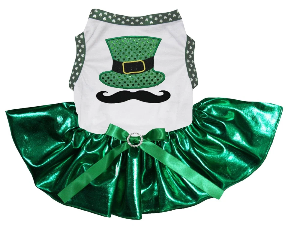 St Patrick's Day Mustache Hat White Top Bling Green Tutu Pet Dog Puppy Dress - Image 1 of 1