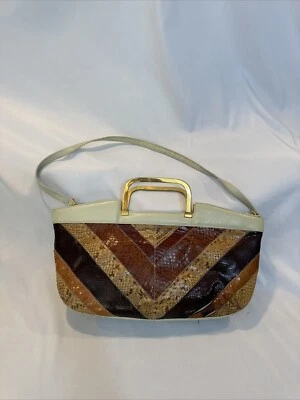 Bolso de hombro de piel de serpiente dorado con asa superior marrón negro a rayas Foto 1 de 4