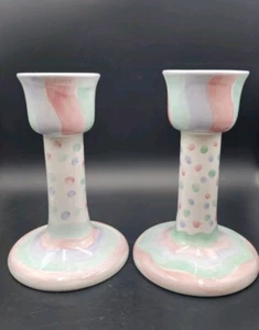 Mesa International Pottery Chenille Candleholders Handpainted Stripes Dots - Picture 1 of 6