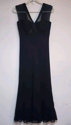 Anne Klein 连衣裙串珠 V 领 100% 真丝 6 码黑色流畅极简主义 — 第 1/4 张图片