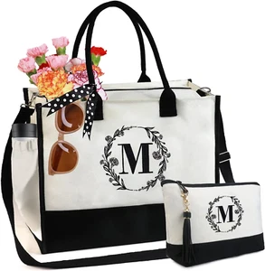 Monogrammed Canvas Tote Bag with Side Pocket & Adjustable Strap - Perfect Gift! - Picture 1 of 13
