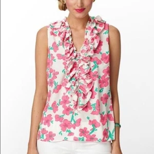 Lilly Pulitzer Alison Ruffle Front Floral Top Pink Green Sleeveless Coastal XS - Picture 1 of 8