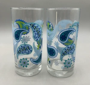 CRISA LIBBEY Paisley GLASS Blue Green White TUMBLERS set of 2 NEW OLD STOCK - Picture 1 of 5