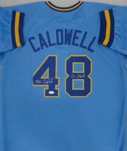 Brewers MIKE CALDWELL Signed Custom Replica Blue Jersey AUTO w/ 82 Champs - JSA - Picture 1 of 3