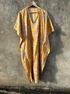Indian Vintage 100% Cotton Long Beach Maxi Kaftan Dress One Size Caftan Kimono - Picture 1 of 3
