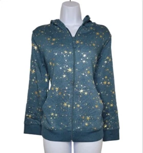 Girls Long Sleeve Hoodie Jacket Dark Green Star Printed Zip Up Fleece Size Large - Picture 1 of 6