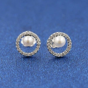 New Authentic 925 Sterling Silver Pearl Round Earrings - Picture 1 of 4