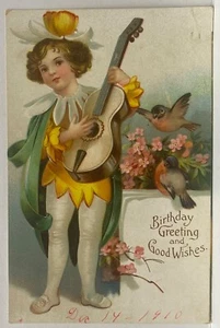 Fantasy Flower Child Troubadour Plays Guitar Birthday Postcard Unsign Clapsaddle - Picture 1 of 2