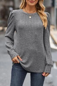 Ribbed Round Neck Long Sleeve Knit Top - Picture 1 of 24