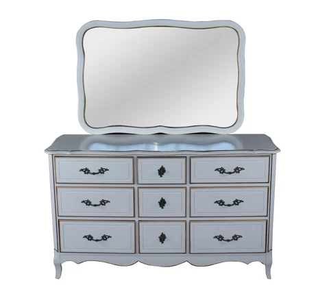 Mid Century French Provincial Serpentine Dresser Chest of Drawers w Mirror 58" Cover