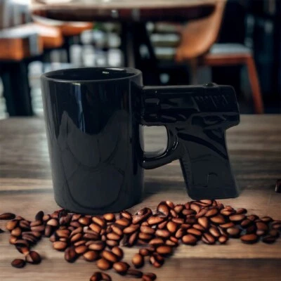 Coffee Mug Handgun Ceramic Glossy Black Gun Shooting Enthusiast Vintage Dad - Image 1 of 4