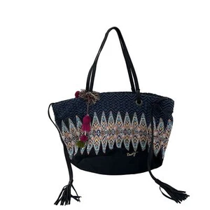 Desigual Woven Canvas Cotton Women's Top Handle Tote Bag- Preowned Black Blue - Picture 1 of 5