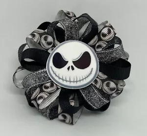 Girls Hair Bow 3 1/2" Wide Flower Jack Skellington Ribbon French Barrette - Picture 1 of 2