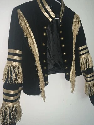 Women Velvet Military Style Jacket Black Gold Fringe XL - Image 1 of 4