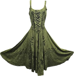 Abito boho lunghezza ginocchio casual henné verde rayon svasato corsetto taglia unica 12 14 16 - Foto 1 di 14
