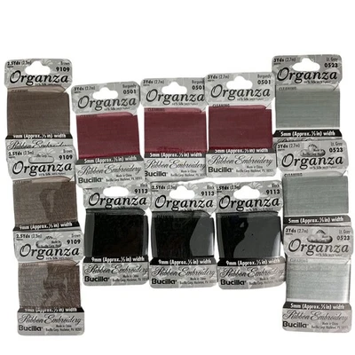 Lote de 33 yardas de cinta de organza de seda Bucilla 9 mm y 5 mm rojo gris marrón y negro Foto 1 de 4