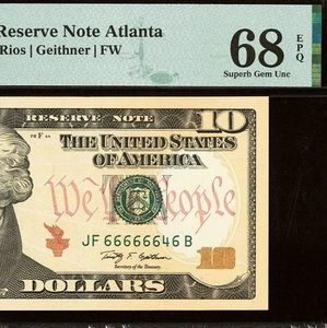 2009 $10 Federal Reserve Note PMG 68EPQ Near Solid Serial Number 66666646 - Picture 1 of 4