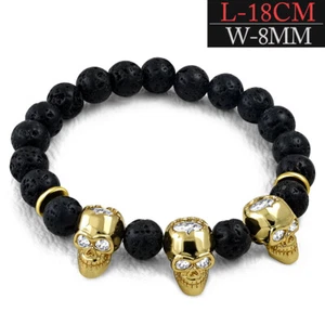 Armband Lavastein Schwarz Bali Style Skull Gold Zirkonia Meditation Bracelett - Bild 1 von 1