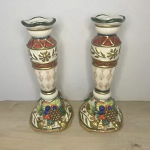 Fitz & Floyd Classics Set Of 2 Christmas 9” Taper Candle Holders Candlesticks - Picture 1 of 11