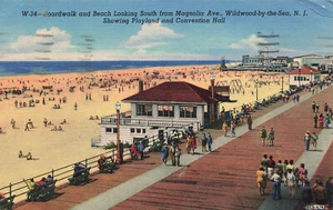 WILDWOOD-BY-THE-SEA NJ PASEO MARÍTIMO Y PLAYA POSTAL DE LINO VINTAGE 1957 101823 S - Imagen 1 de 2