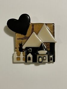 VTG House Pin by Lucinda Hearts Cat Gold Glitter Black Brooch