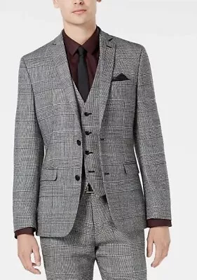 Bar III Slim Fit Plaid Wool Blend Suit Jacket Blazer Black White 38 L $295 NWT - Image 1 of 4