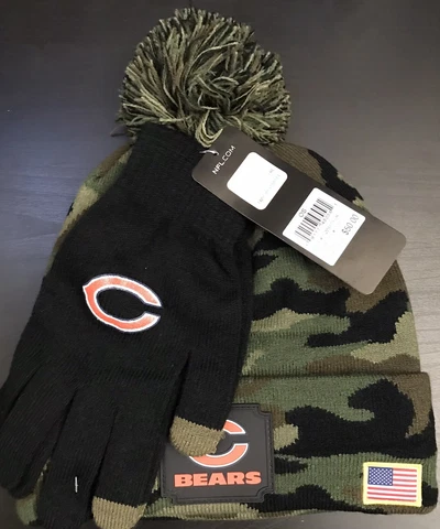 NEW Chicago Bears Salute To Service Green Green Camo Beanie Gloves $50 Cover