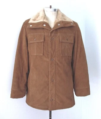 复古 70 年代棕色人造麂皮绒休闲夹克牧场主外套口袋毛皮衬里 38 或 S — 第 1/4 张图片