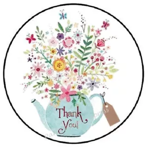 WATERCOLOR FLOWERS TEAPOT THANK YOU ENVELOPE SEALS LABELS STICKERS PARTY FAVORS - Picture 1 of 2