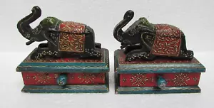 2Pc Vintage Hand Carved Painted Wooden Elephant Box With Drawer Box - Picture 1 of 11