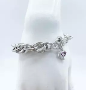 Judith Ripka Sterling Silver Link Bracelet w/ Rhinestone Lip Charm Dangle - Picture 1 of 7