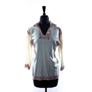 Vintage 1975 Men’s Handmade Romanian Red Embroidered Shirt Blouse Beige Cotton - Picture 1 of 10