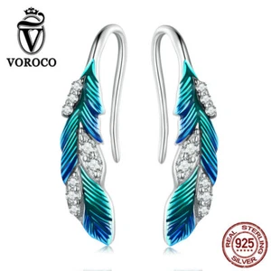 Voroco European 925 Sterling Silver Dazzling Blue Feather Earring Jewelry Women - Picture 1 of 12