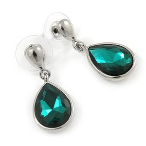Silver Tone Teardrop Emerald Green Faceted Glass Stone Drop Earrings - 30mm L - Picture 1 of 4